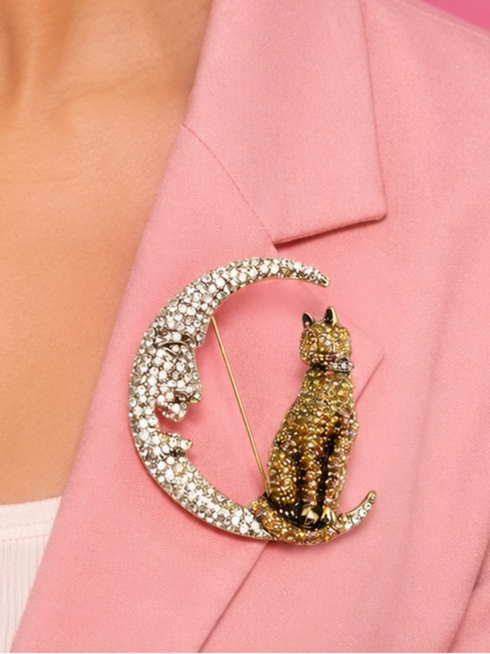 Moon Cat Crystal Brooch